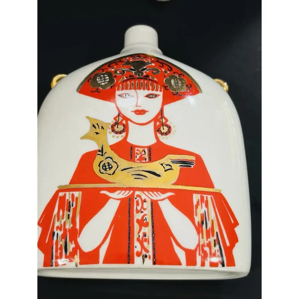 ￼ Vintage USSR Russian Porcelain Decanter Set Woman Holding Bird Rooster 2 Cups